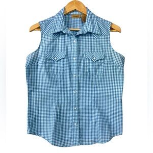 Wrangler White Blue Gingham Pearl Snap Sleeveless Shirt | Women’s S